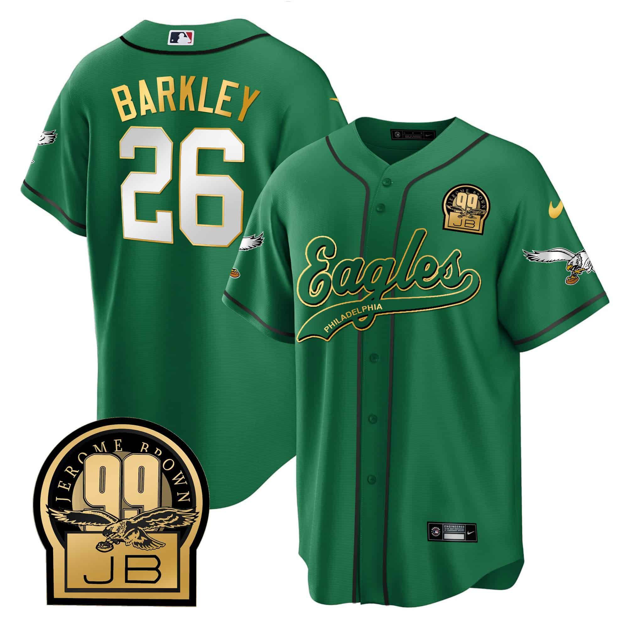 Men Philadelphia Eagles #26 Barkley Green 2024 Nike Jerome Brown Retired Patch Baseball NFL Jersey style 1